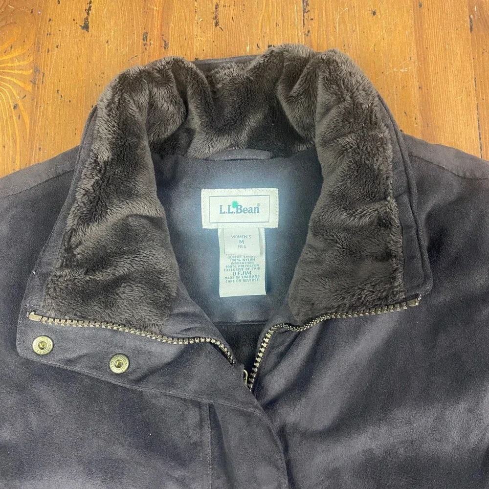 LL Bean Womens Insulated Suede Faux Fur Lined Jacket Black Size‎ M Reg 0FJV4
